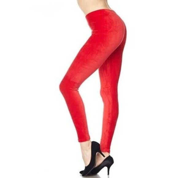 New Mix Pants - Med Size Womens Solid Brushed Velour Velvet Leggings RED